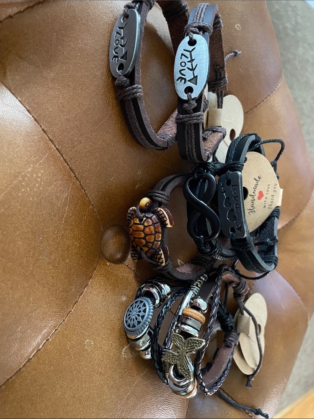 Bundles Handmade Brown Leather Turtle & Infinity Charm Bracelet Set